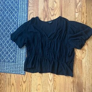 City Chic Black Top Size 18 Button Front V Neck Shirred Short Sleeve